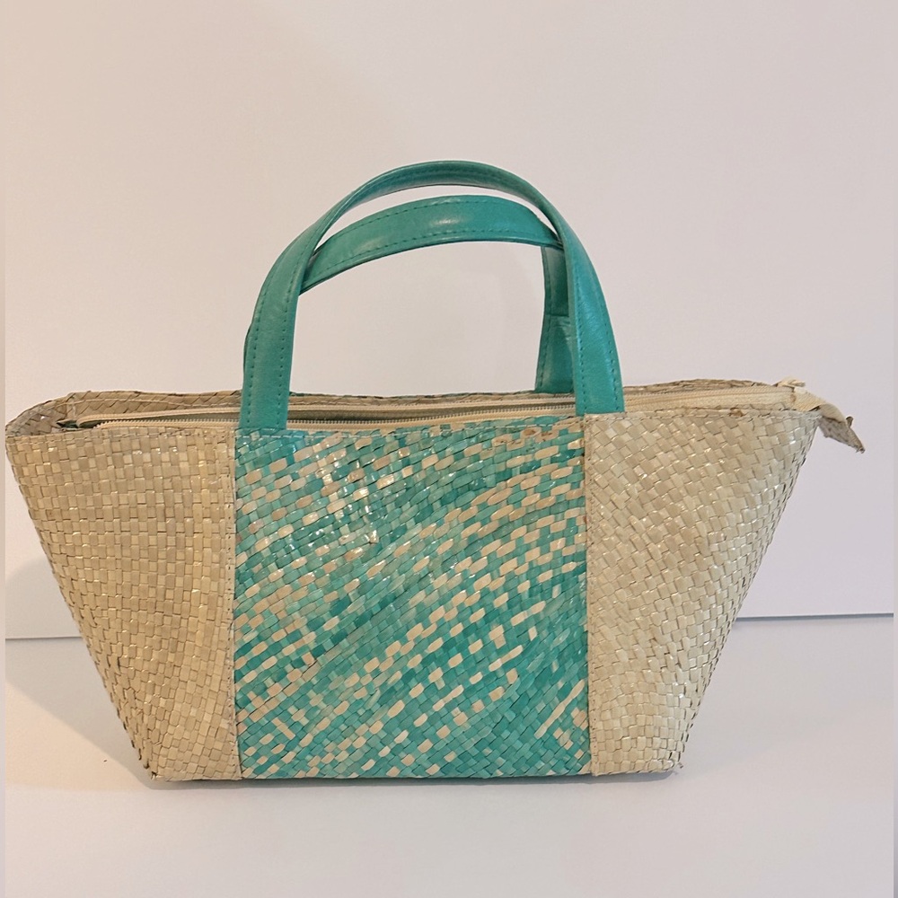 Turquoise Rattan Hand Bag. Boho Embellished Handmade Woven. Vintage. Vacation